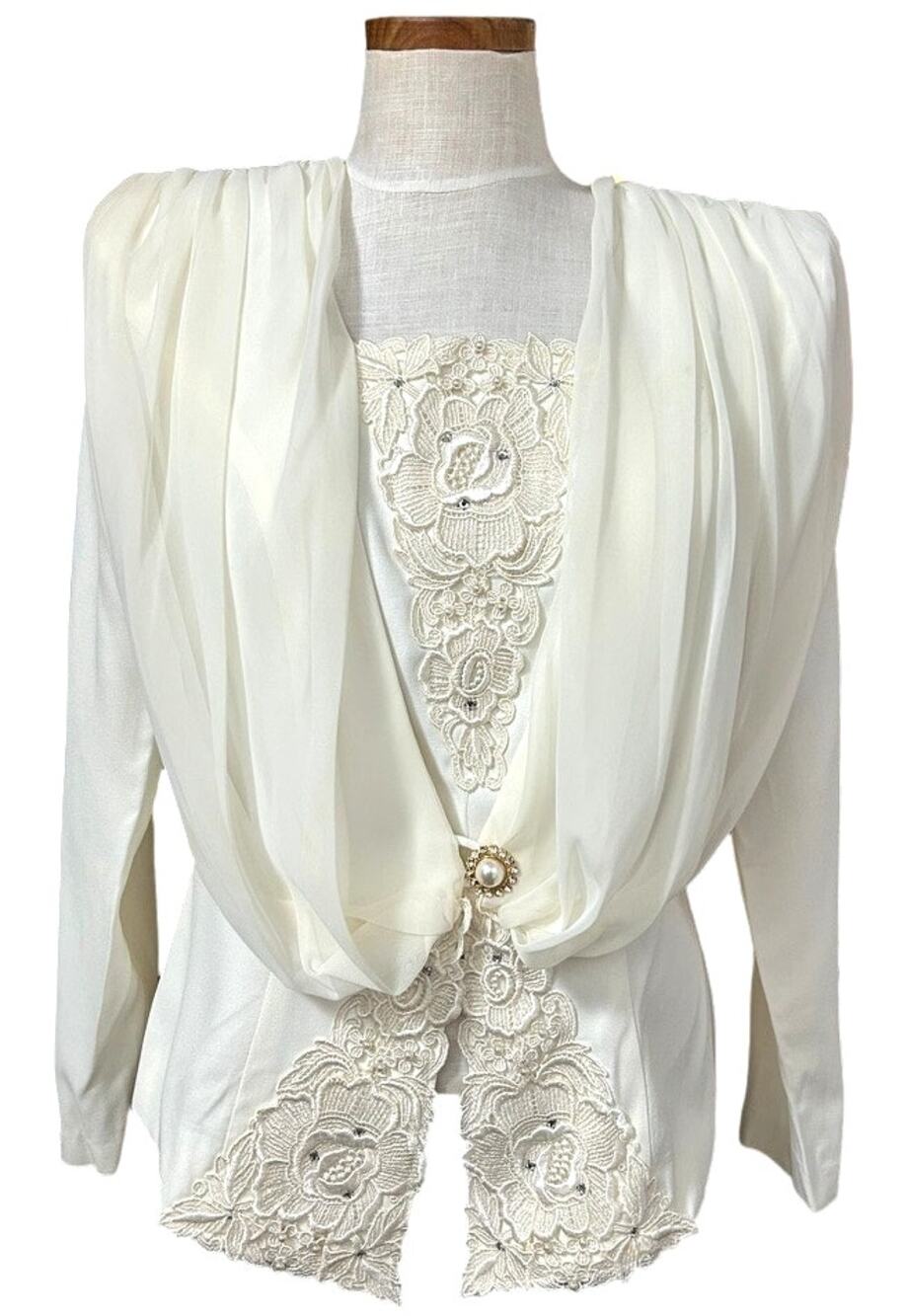 Vintage 80s Lace Zeeba NY Draped Jacket Size 6 Pearl Appliqué Clasp Bridal USA